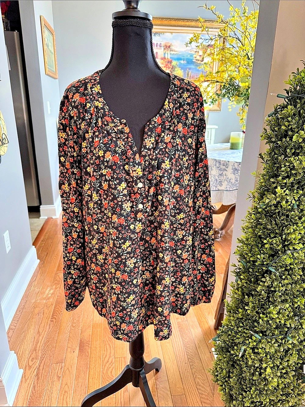 Old Navy Black Floral Print Peasant Blouse Floral Top Black & Orange XXL